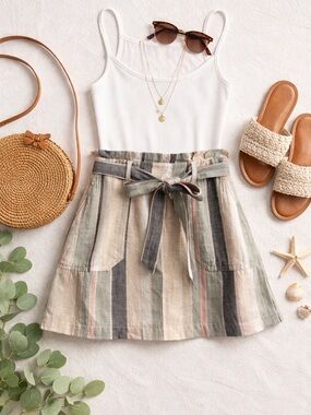 American Eagle Paperbag Waist Mini Skirt Striped Linen Blend XS High Rise